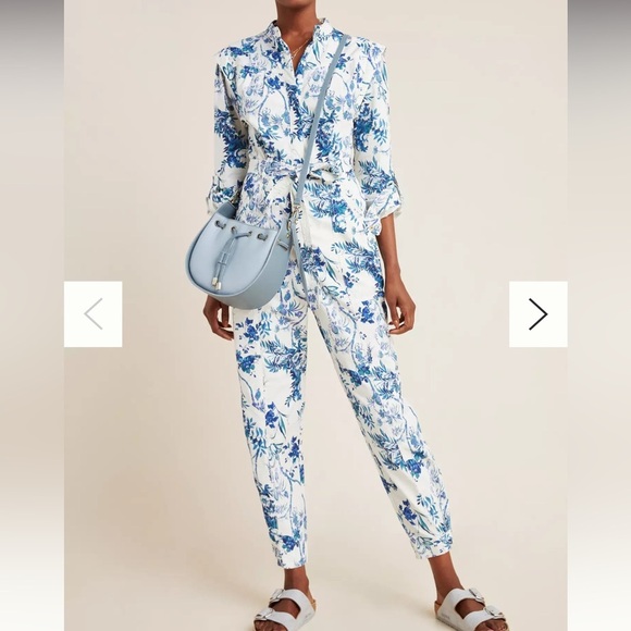Anthropologie Blue White Cotton Long Sleeve One Piece Jumpsuit, Size 8